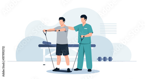 Physical therapist assisting patient with resistance band exercise for rehabilitation