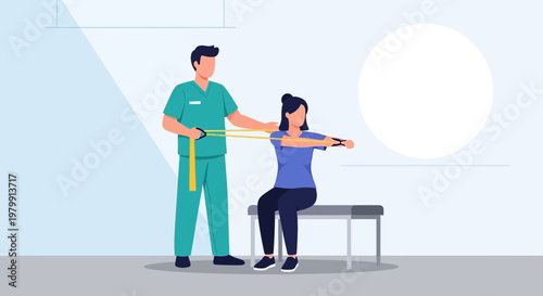 Physical therapist assisting patient with resistance band exercise for shoulder rehabilitation