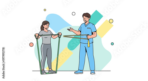 Physical therapist assisting patient with resistance band exercise for rehabilitation