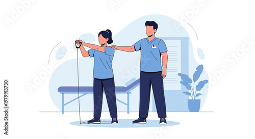 Physical therapist assisting patient with resistance band exercise in clinic