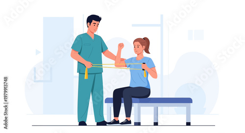 Physical therapist assisting patient with resistance band shoulder exercise