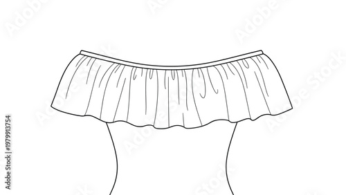 Elegant line drawing of a fashionable off-the-shoulder top, featuring a delicate and voluminous ruffled neckline, perfect for a chic look.