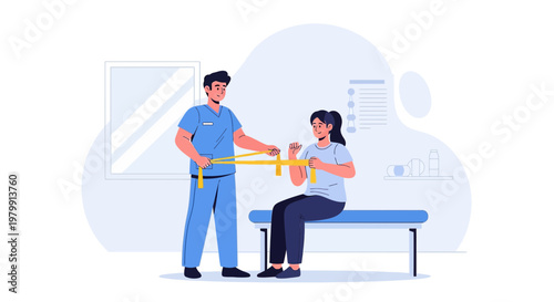 Physical therapist assisting patient with resistance band exercise, rehabilitation concept