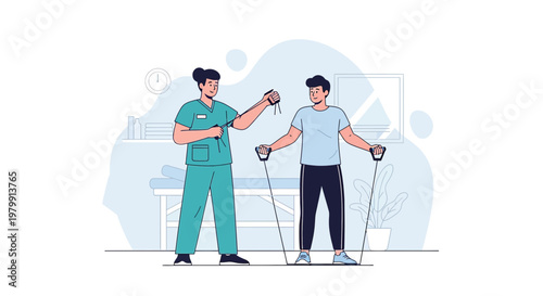 Physical therapist assisting patient with resistance band exercises for rehabilitation