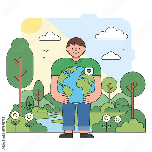 A cartoon illustration of a man holding the Earth globe in a lush green natural landscape, symbolizing environmental care and protection.