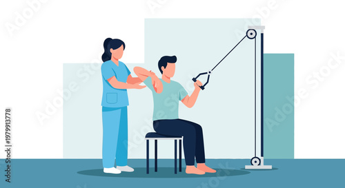 Physical therapist assisting patient with shoulder rehabilitation using cable machine