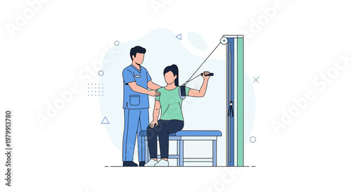 Physical therapist assisting patient with shoulder rehabilitation using cable machine