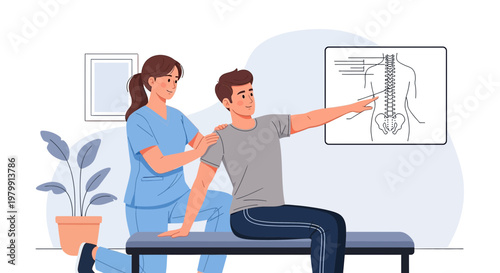 Physical therapist assisting patient with spine exercise, medical illustration in background