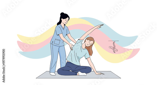 Physical therapist assisting patient with stretching exercise on mat, rehabilitation concept