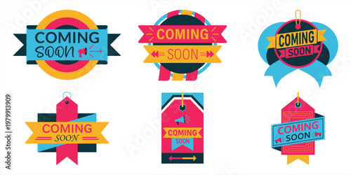 Coming Soon label sticker typography badge vector design set for product launch promotion. Creative coming soon promotional sticker badge illustration. Professional coming soon announcement label set.