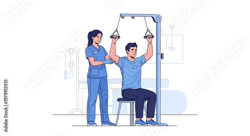 Physical therapist assisting patient with upper body exercise on cable machine