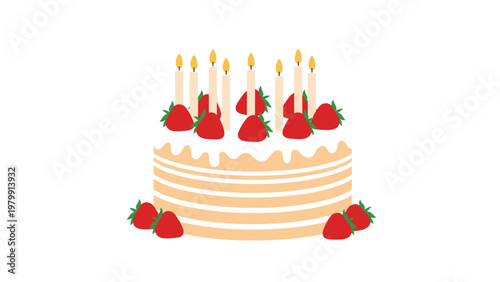 Delicious and festive white and cream layered birthday cake, beautifully adorned with numerous lit candles and fresh, vibrant red strawberries.