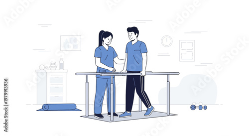 Physical therapist assisting patient with walking on parallel bars for rehabilitation