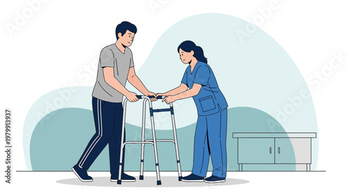Physical therapist assisting patient with walker for rehabilitation after surgery