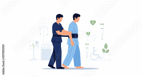 Physical therapist assisting patient with walking rehabilitation after surgery