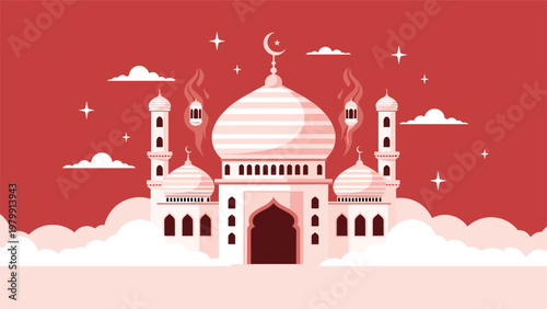 Majestic and grand mosque featuring multiple elegant domes and towering minarets, beautifully illuminated under a starry red sky with soft, billowing clouds.
