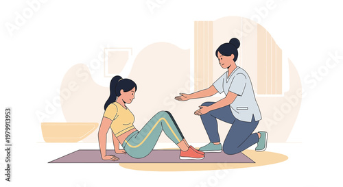 Physical therapist assisting patient with rehabilitation exercises on yoga mat indoors.