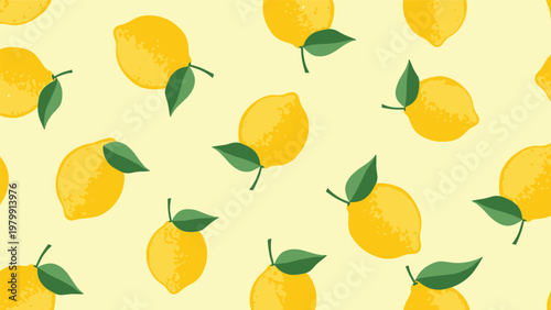 Refreshing seamless pattern featuring a delightful arrangement of bright yellow lemons, each adorned with fresh green leaves, set against a soft, light yellow background.