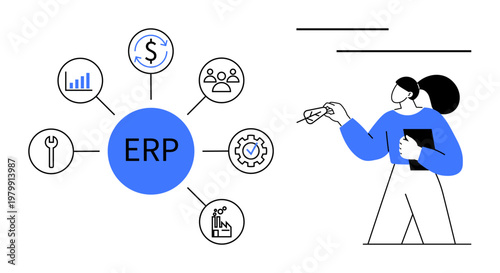 Business management, process optimization, technological planning, resource allocation, data analysis, training resources. Woman holding documents near ERP module diagram. Business management
