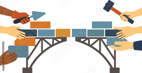 Colorful Construction Vehicles Colliding on Bridge Vector Illustration Design Concept