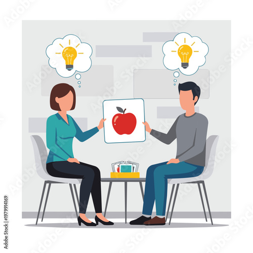 A flat vector scene showing a therapist holding up a "picture card" of an apple to help an adult patient name the object. Thought bubbles with lightbulbs to signify "connection." =