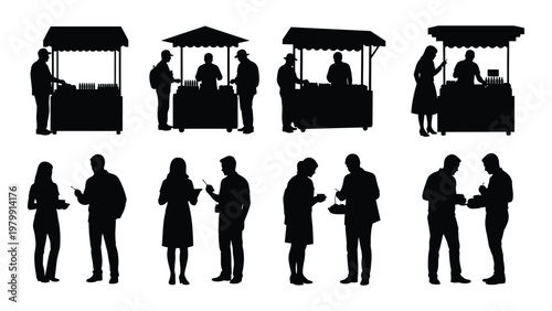 A collection of black silhouette figures depicting people interacting at various food stands and engaging in conversation high quality professional detailed