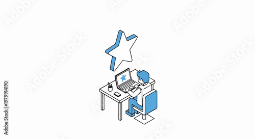 Isometric Illustration of a Person Giving a Five-Star Online Review on a Laptop, Representing Customer Satisfaction, Feedback, and Business Success