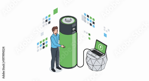 Isometric illustration of a man charging a laptop using a giant green battery, symbolizing sustainable energy storage, renewable power, and portable technology solutions.