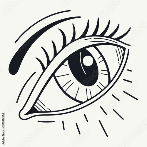 A close-up, minimalist illustration of a human eye with emanating lines, rendered in bold black ink lines on a light background, represents focus, perception, and awareness.