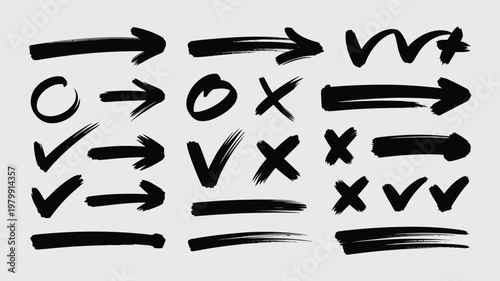 Collection of hand drawn arrow check and cross symbols in black ink style