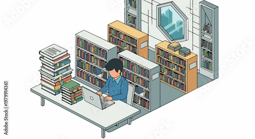 Isometric Illustration of a Student Working on a Laptop in a Library Surrounded by Books and Bookshelves