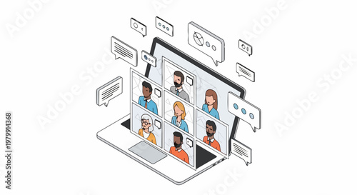 Isometric Illustration of a Virtual Video Conference on a Laptop Screen with Diverse Participants, Speech Bubbles, and Business Data Icons for Remote Work Collaboration