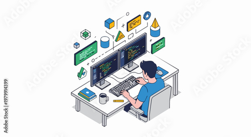 Isometric Software Developer at Dual Monitor Desk Workspace for Coding and App Development