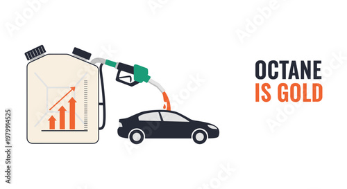 Fuel nozzle filling black car with rising graph on beige gas pump in bold colorful illustration for business finance