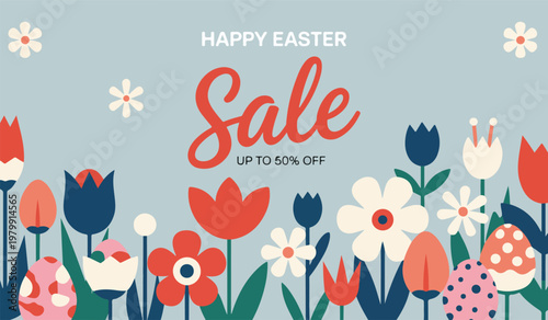 Spring sale promotion banner with flat colorful flowers and easter eggs for seasonal shopping discount marketing advertisement.