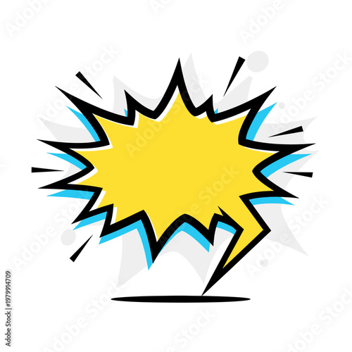 A vibrant yellow comic speech bubble with a jagged black and blue outline and radiating lines, perfect for conveying dynamic messages.