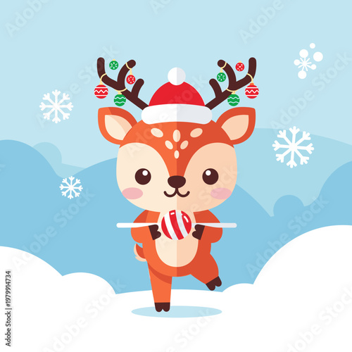 A cute cartoon reindeer wearing a Santa hat and decorated antlers, holding a candy cane, balancing on one leg in a snowy winter scene with snowflakes.