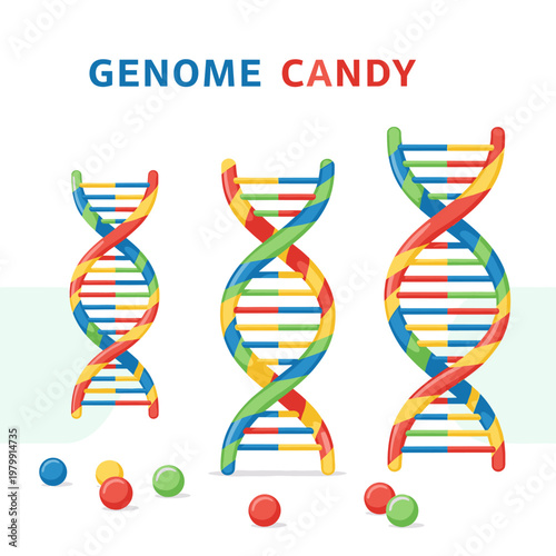 Three colorful DNA double helix structures resembling candy, with small round candies scattered below, illustrating the concept of 'Genome Candy' in a playful way.