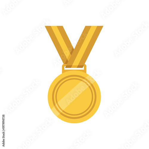 A shiny gold medal with a striped yellow ribbon, symbolizing victory, achievement, and first place in a competition or award ceremony.