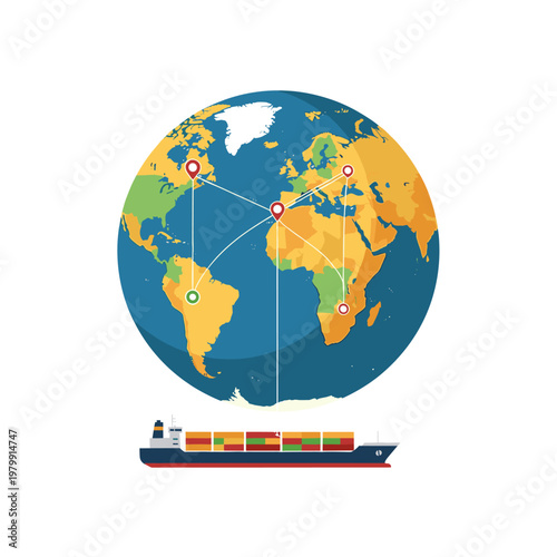 A cargo ship and a globe illustrating global shipping routes and international logistics.