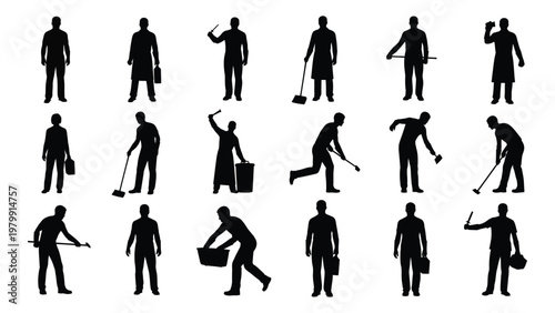 A collection of black silhouette figures depicts various professions and actions including cleaning carrying and gesturing high quality professional detailed modern