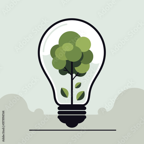 A stylized illustration depicting a green tree growing inside a clear light bulb, symbolizing eco-friendly energy and sustainable ideas.