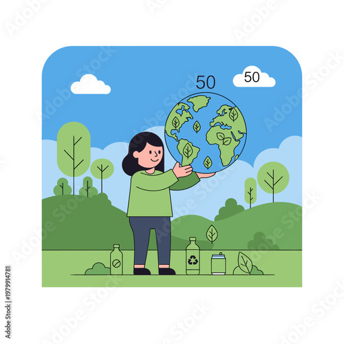 A person holding a green globe with leaf symbols, surrounded by a natural landscape and recycling items, symbolizing environmental care.