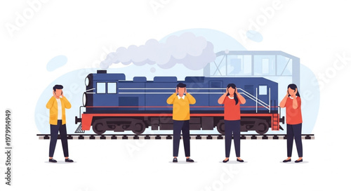 Workers near a train engine.