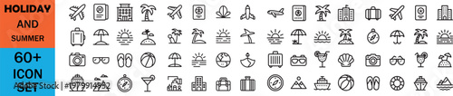 Holiday icon set. Containing vacation, plane, passport, hotel, palm tree, travel, beach, sunset, island and more. line icon vector illustrations