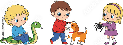 Cartoon Kids Interacting with Animals Including Snake, Dog, and Spider, Cute Children Learning About Wildlife, Pets, and Nature in Educational Illustration