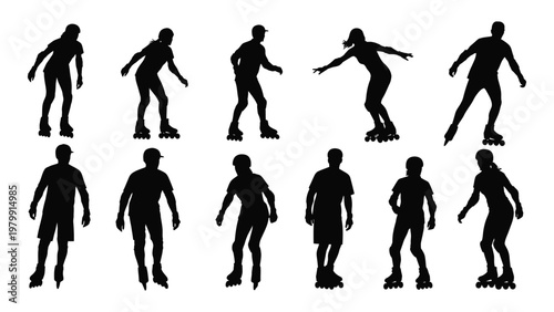A collection of black silhouette figures depicting people roller skating in various dynamic poses and attire high quality professional detailed modern
