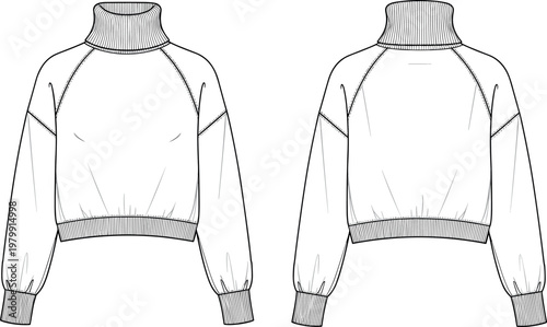 Technical flat sketch of a women's cropped raglan turtleneck sweatshirt with ribbed cuffs and hem, front and back vector view.