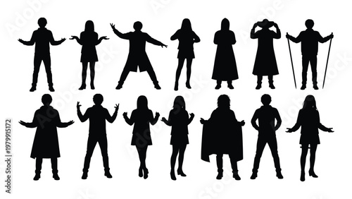 A collection of silhouetted figures predominantly children and young adults depicted in various expressive poses with outstretched arms high quality professional