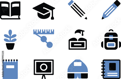 Collection of school and academic icons featuring books graduation caps backpacks and educational writing supplies